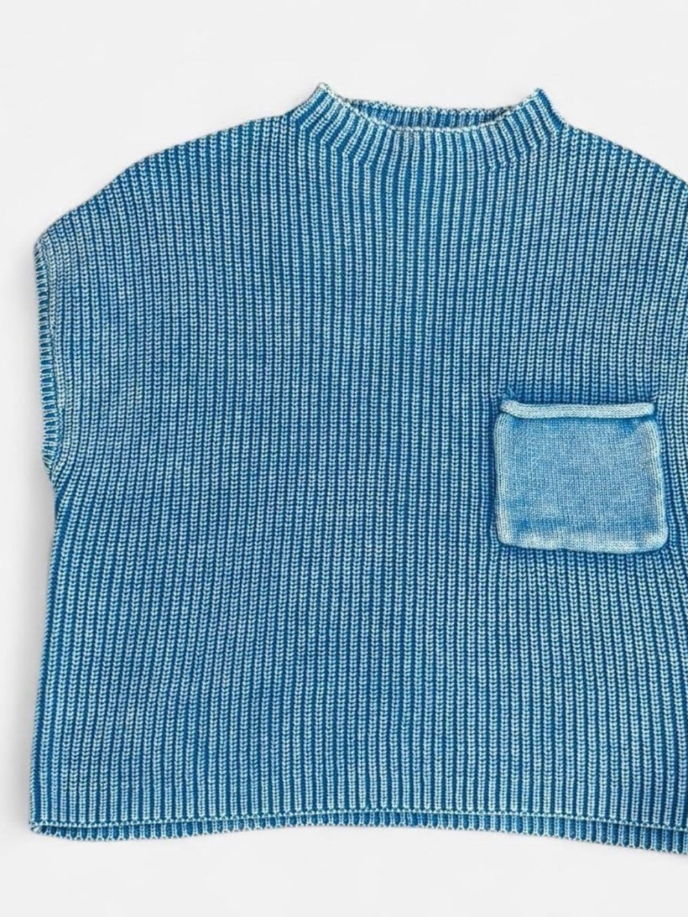 New Zenana Washed Blue Ribbed Knit Top Sweater Cap Sleeves Pullover Boho - Picture 2 of 6